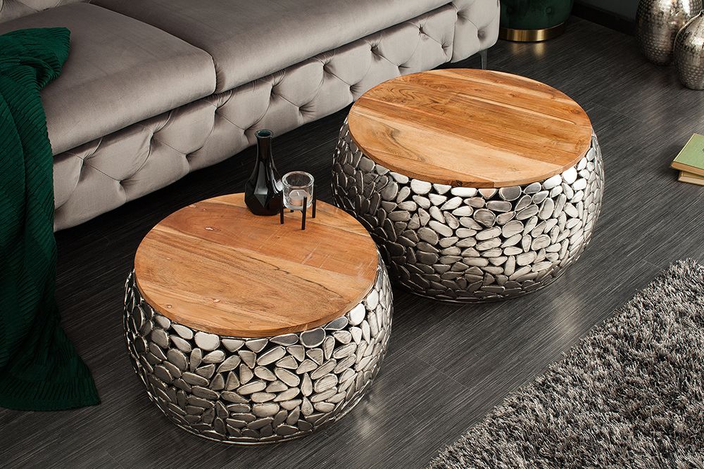 2er Set Runde Couchtische STONE MOSAIC 65cm silber Mangoholz Metall handmade Mosaik Design