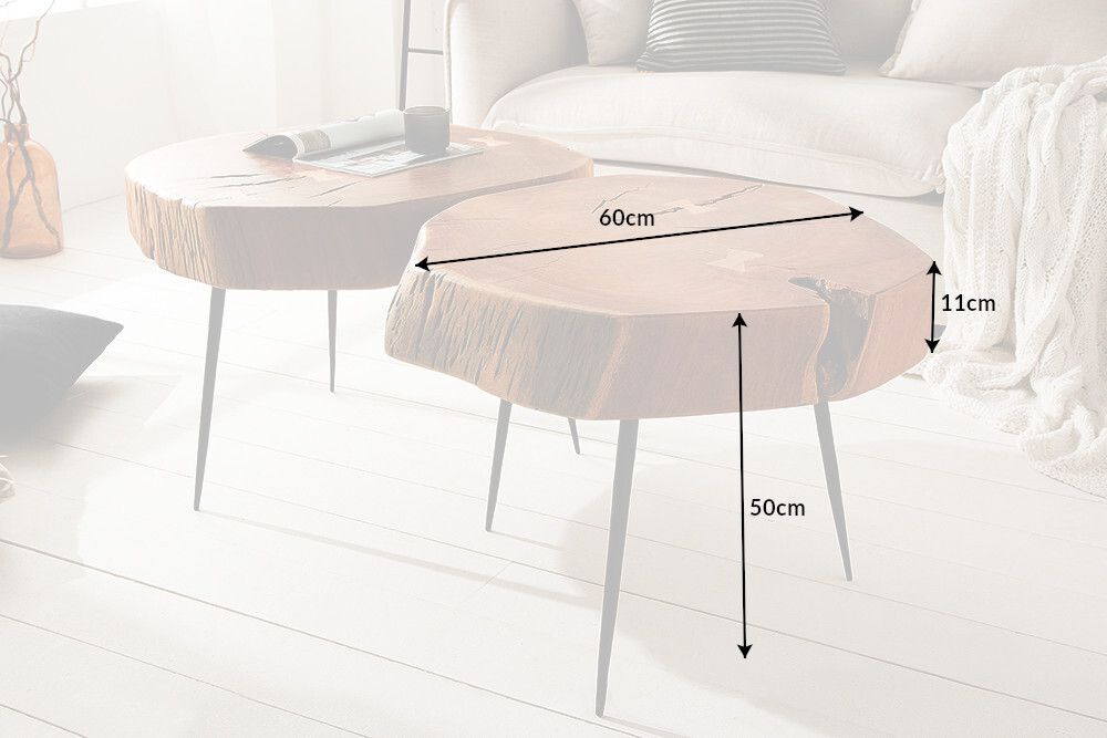 Runder Couchtisch GOA 60cm Akazie Massivholz Baumstamm schwarze Metallbeine