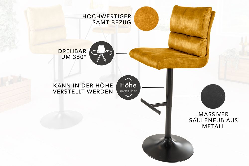 Höhenverstellbarer Barhocker COMFORT senfgelb Samt drehbar mit Lehne Metall schwarz