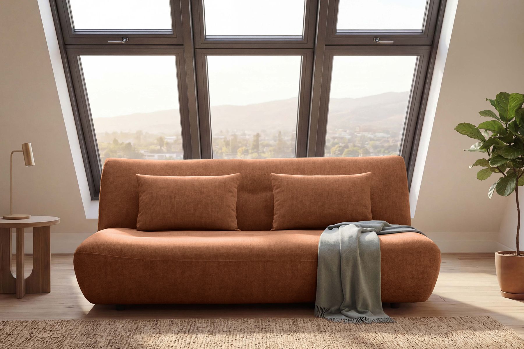 Modernes Schlafsofa ELYPSE 200cm rostbraun Chenillestoff 3-Sitzer Couch inkl. Kissen