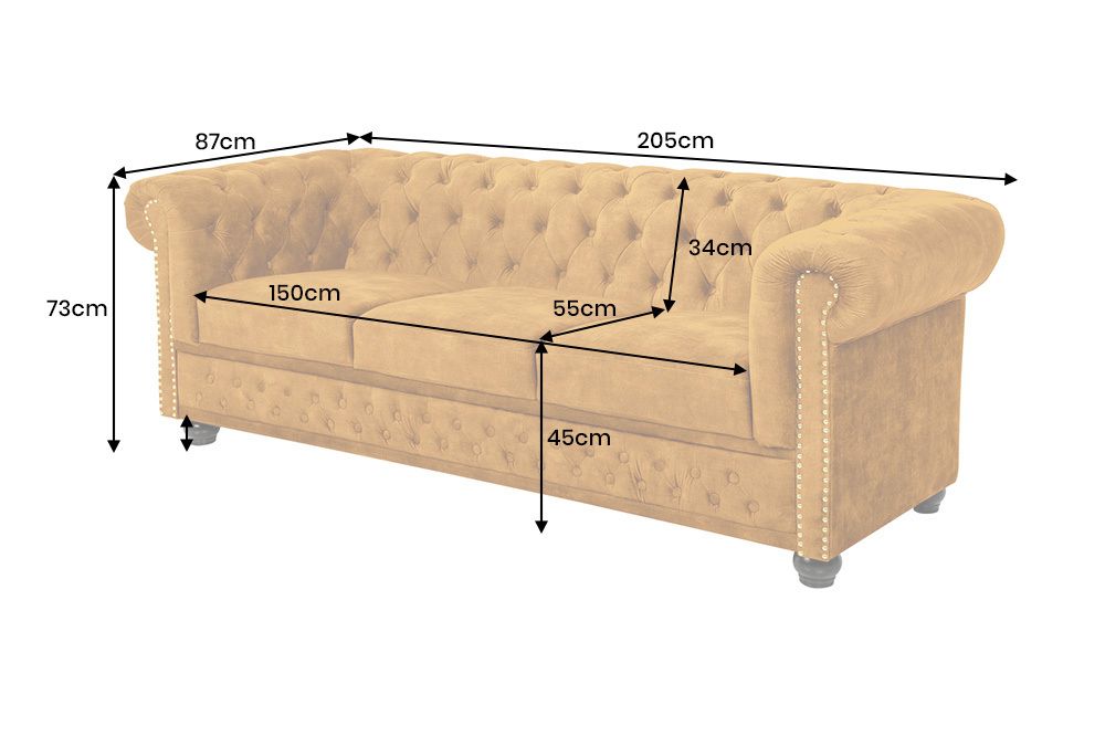 Barock Sofa CHESTERFIELD 205cm senfgelb Samt Federkern Knopfheftung 3-Sitzer Couch