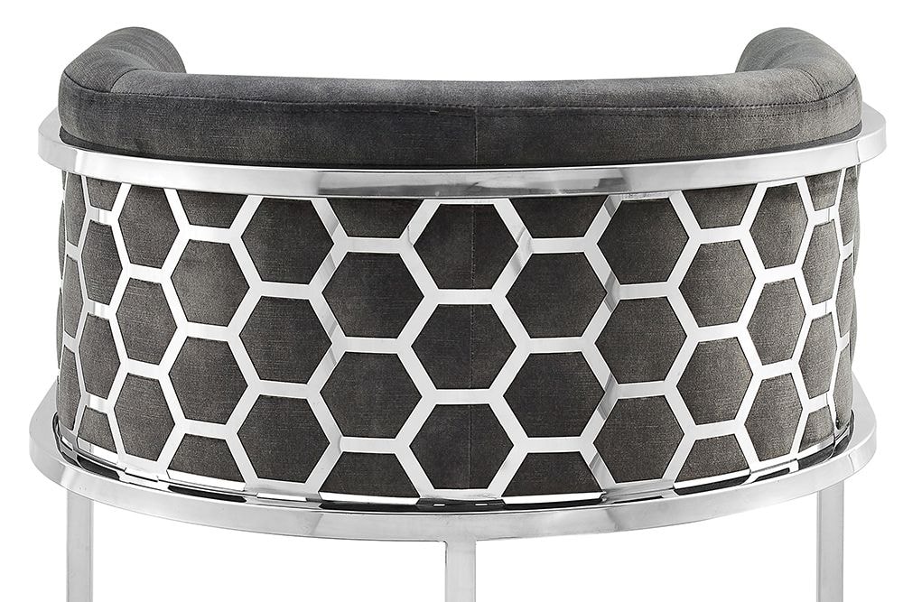 Stilvoller Barhocker ELEGANCE grau Samt silber Edelstahl mit Armlehne und Fußablage