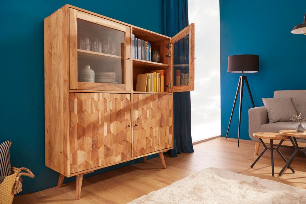 Massivholz Highboard MYSTIC LIVING 140cm Akazie natur Vitrine 3D-Oberfläche