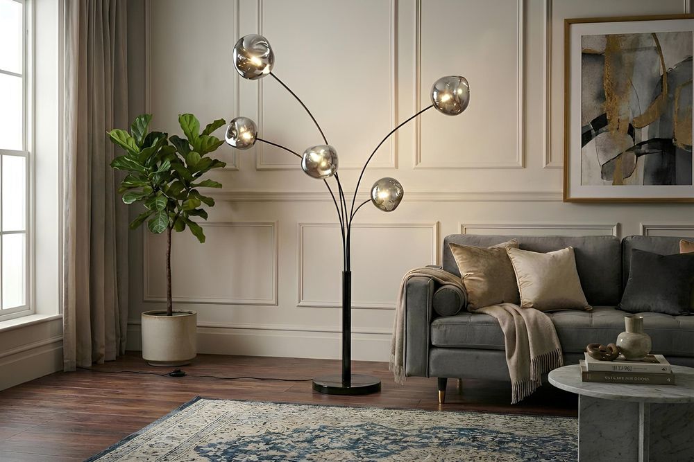 Design Stehlampe LIQUID DIAMOND 200cm schwarz smoke grau fünf Glasschirme mit Marmorfuß
