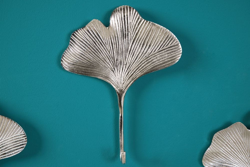 Dekoratives Kleiderhaken 3er Set GINKGO 30cm silber handmade Metall