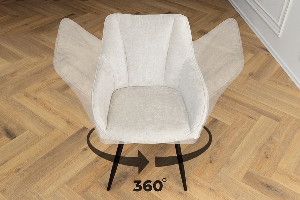 Drehbarer Retro Stuhl AVIGNON beige Chenille schwarze Metallbeine