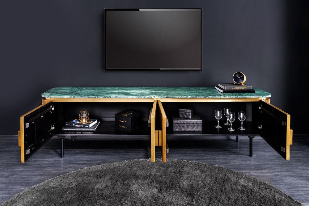Design TV-Board VENEZIANO 160cm messing grün Marmorplatte Mangoholz Retro