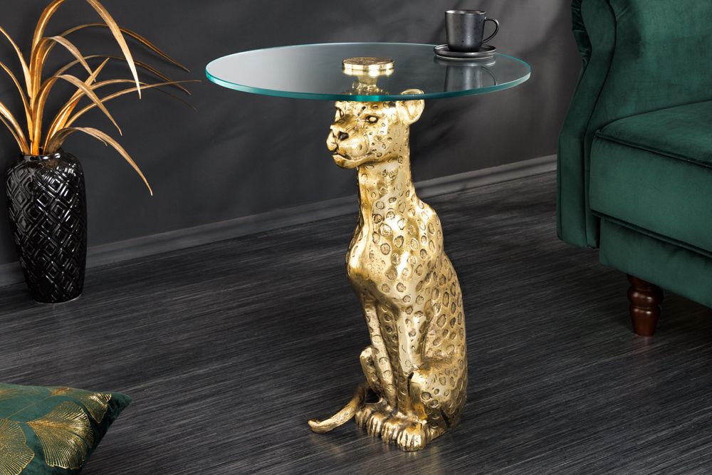 Runder Beistelltisch WILDLIFE PANTHER 60cm gold antik Metall Glas Skulptur handmade