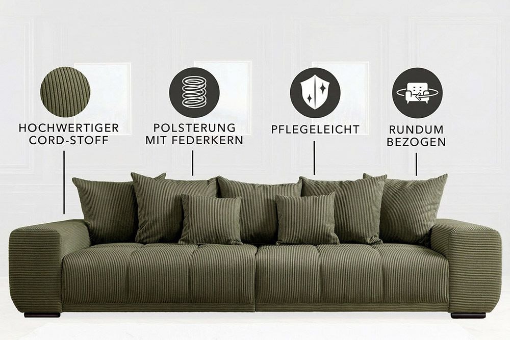 Modernes XXL Sofa ELEGANCIA 285cm grün Cord Federkern inklusive Kissen Bigsofa