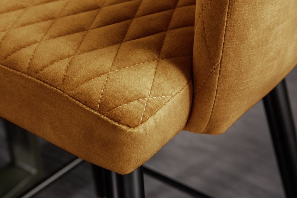 Design Barhocker PARIS senfgelb Samt mit Lehne Metall schwarz gold Ziersteppung