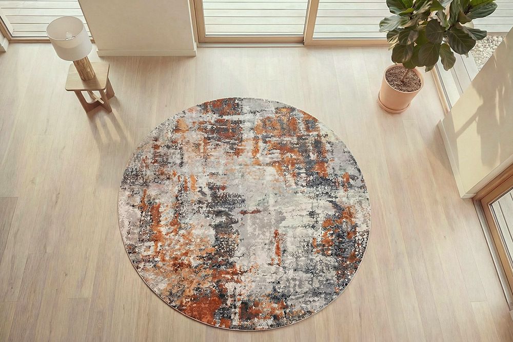 Runder Design Teppich MODERN ART 150cm beige grau kupfer Kurzflor Indoor