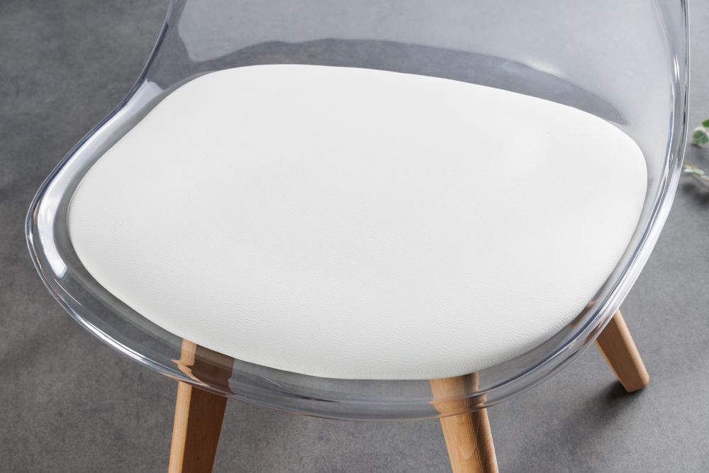 Design Stuhl SCANDINAVIA MEISTERSTÜCK transparent weiß Kunststoff Buchenholz natur