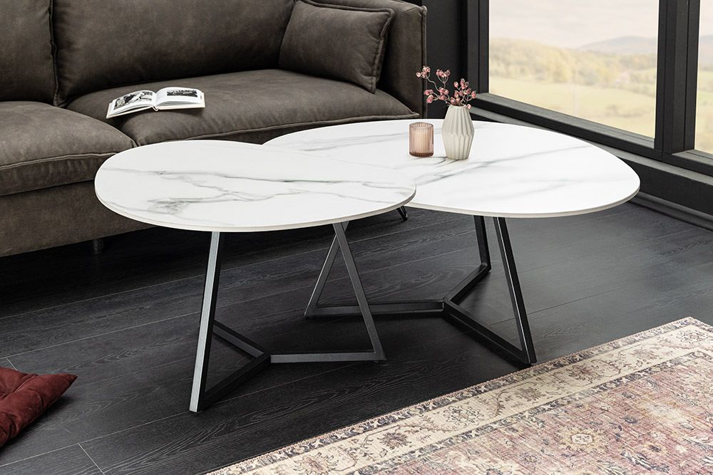 Design Couchtisch MARVELOUS 90cm weiß Marmor Keramik schwarzes Metall