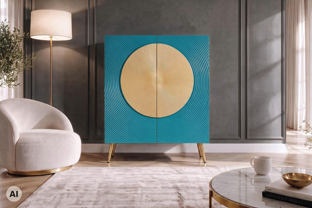 Massives Highboard AURUM 120cm türkis Mangoholz mit ikonischem Gold-Element