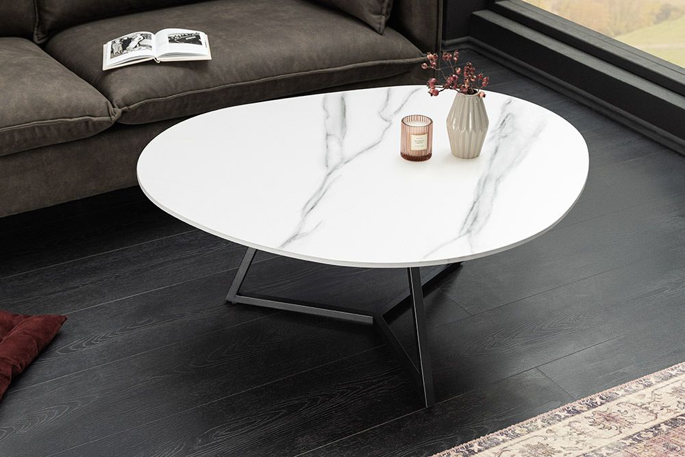 Design Couchtisch MARVELOUS 90cm weiß Marmor Keramik schwarzes Metall