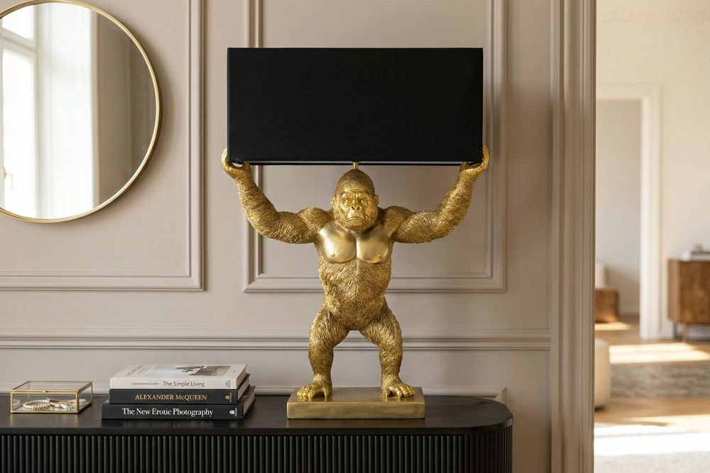 Handgefertigte Tischlampe KING APE 70cm schwarz gold Stoffschirm Affen-Skulptur