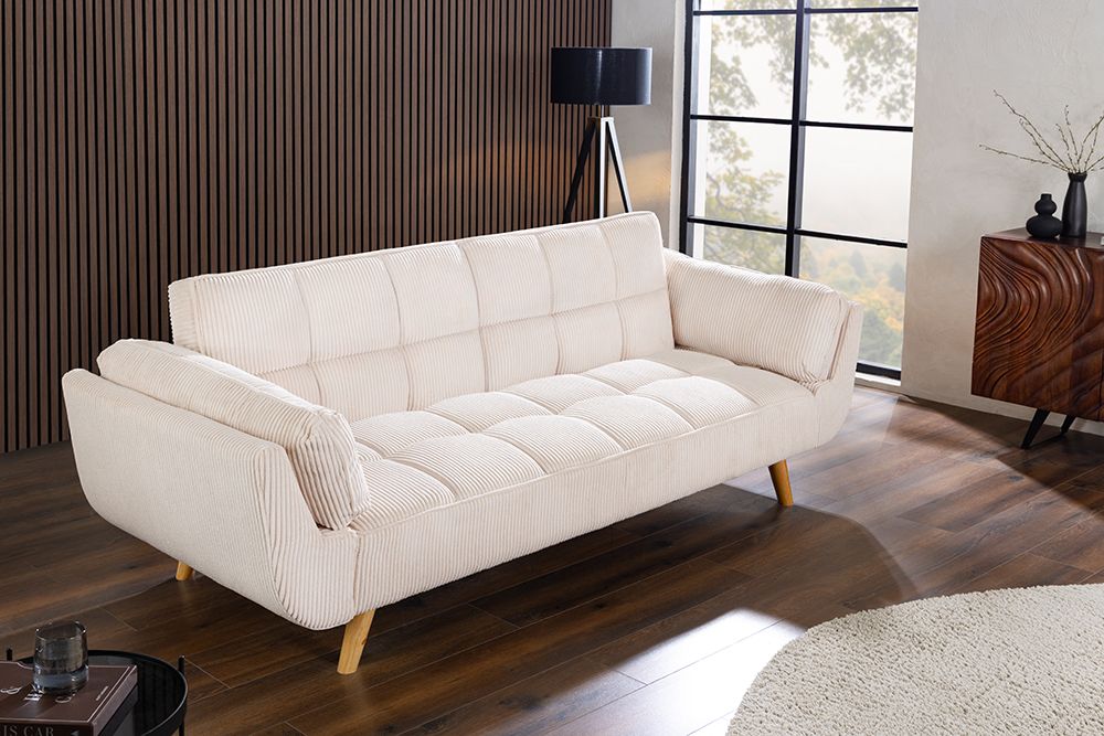 Schlafsofa BOUTIQUE 215cm beige Cord 3-Sitzer mit Holz-Füßen natur