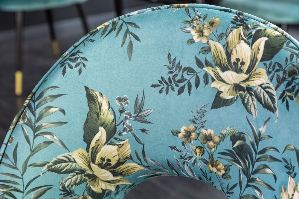 Design Stuhl PRÊT-À-PORTER türkis Samt florales Muster und goldene Fußkappen