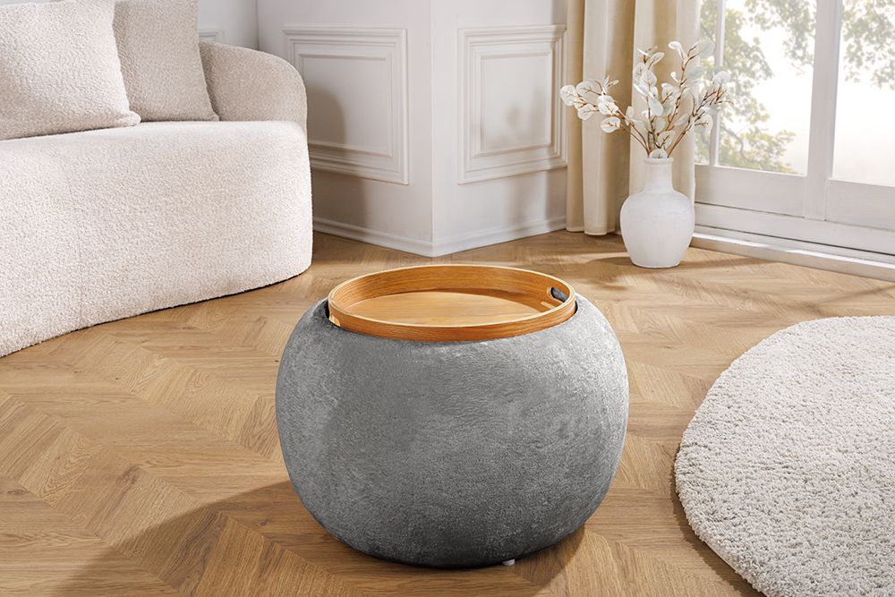 Runder Couchtisch ORBIT 50cm grau Bouclé Hocker mit Tablett und Stauraum