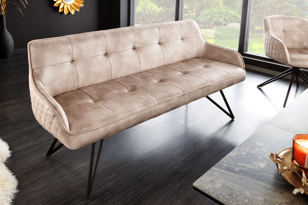 Design Sitzbank EUPHORIA 160cm champagner greige Samt Hairpin Legs Metallbeine Armlehnen