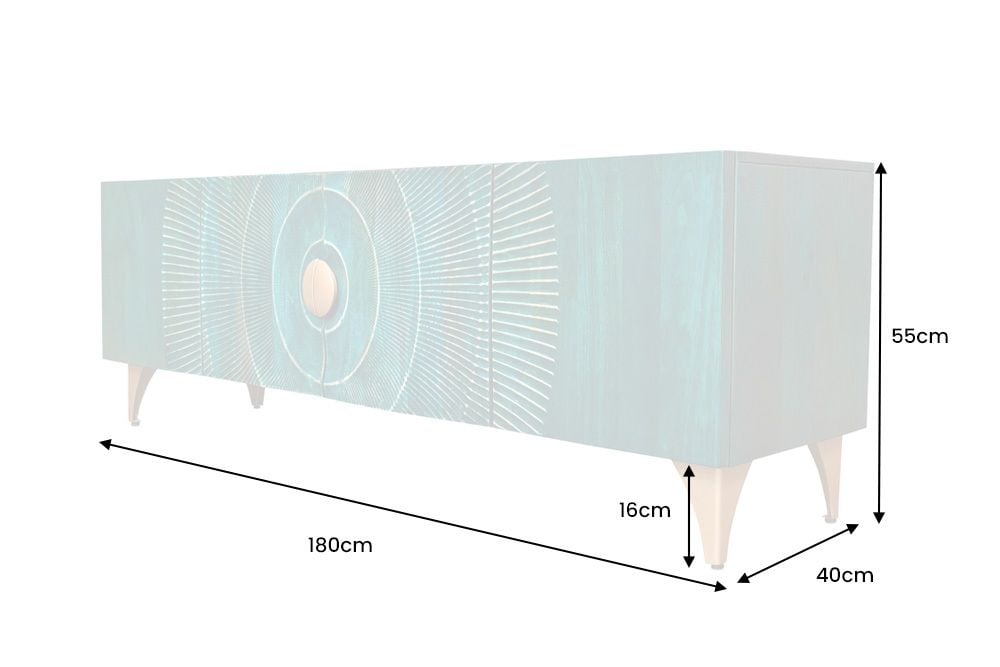 Massives TV-Lowboard GOLDEN SUNSET 180cm türkis 3D-Schnitzereien gold Mangoholz Metall