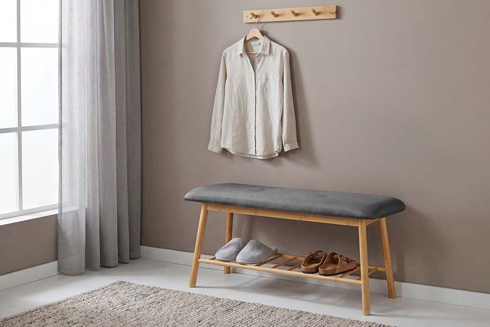 Stilvolle Schuhbank ZEN-BO 90cm natur grau Bambus Regal Sitzbank mit Stauraum