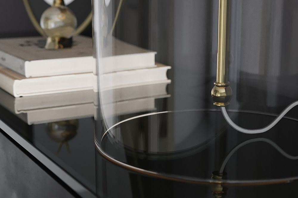 Moderne Tischlampe CLASSICO 60cm transparent Glas weiß gold Leinenschirm