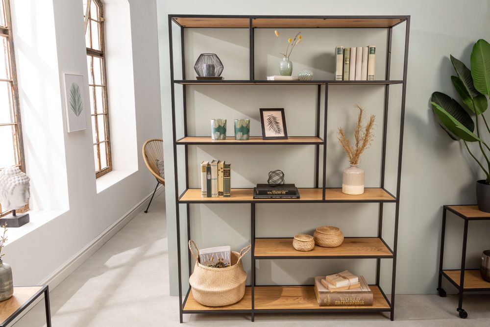 Industrial Bücherregal SLIM LINE 185x135cm Wildeiche schwarz sechs Regalböden