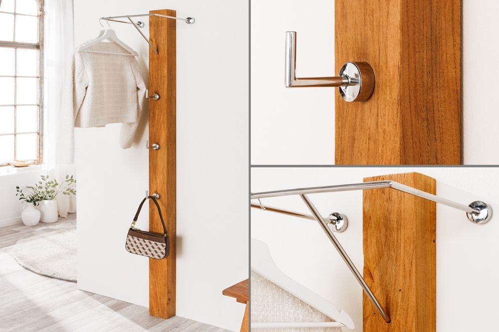 Massive Wandgarderobe JAVA 185cm recyceltes Teakholz mit drei Kleiderhaken