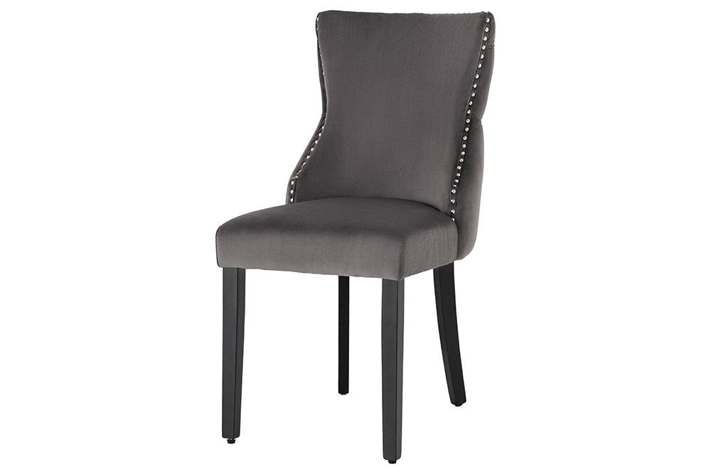 Chesterfield Stuhl CASTLE DELUXE grau Samt mit Löwenkopf Nieten
