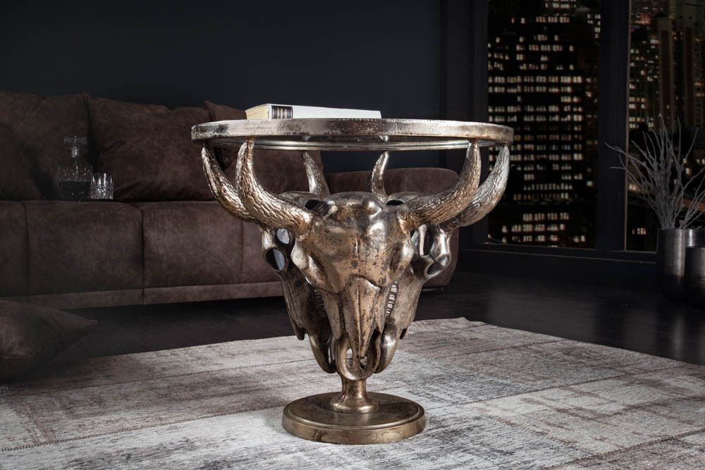 Extravaganter Couchtisch MATADOR 56cm bronze Stierkopf mit Glasplatte
