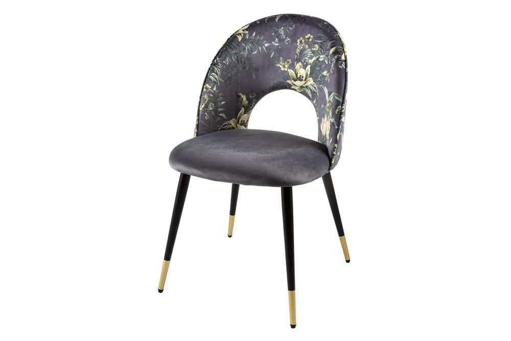 Design Stuhl PRÊT-À-PORTER grau Samt florales Muster und goldene Fußkappen