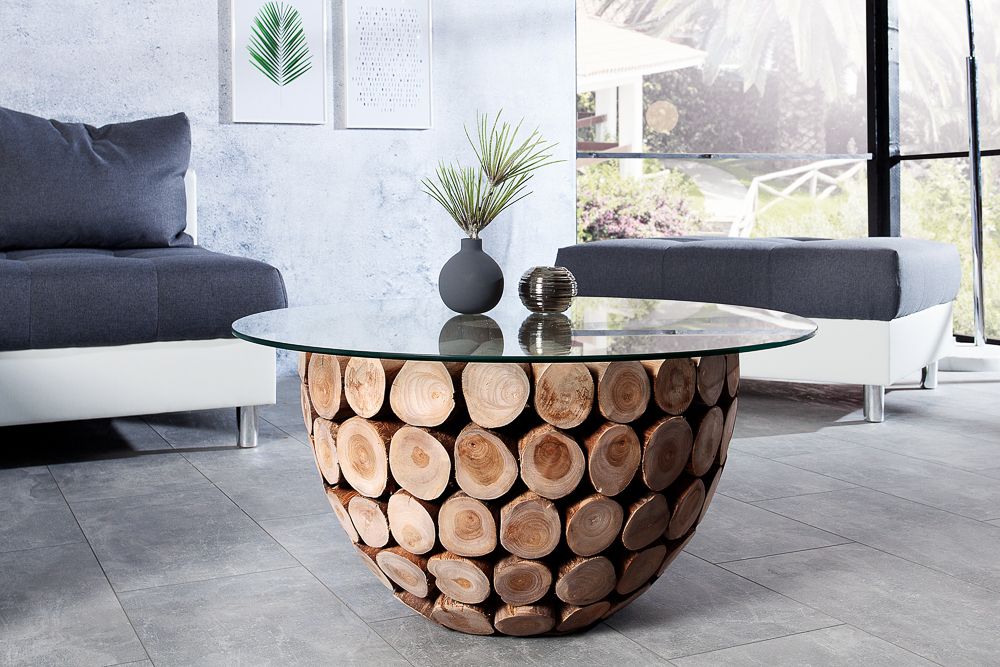 Handgearbeiteter Couchtisch PURE NATURE 70cm Teak Massivholz rund mit Glasplatte