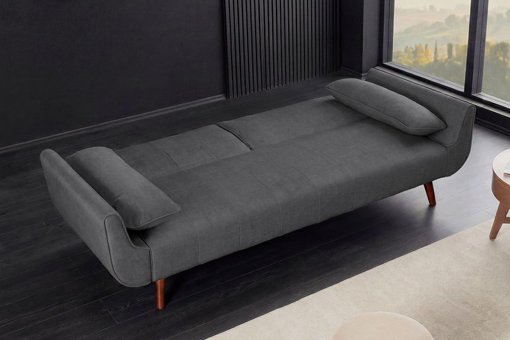 Design Schlafsofa DIVANI 220cm grau Samt 3-Sitzer mit Bettfunktion Walnuss-Füße
