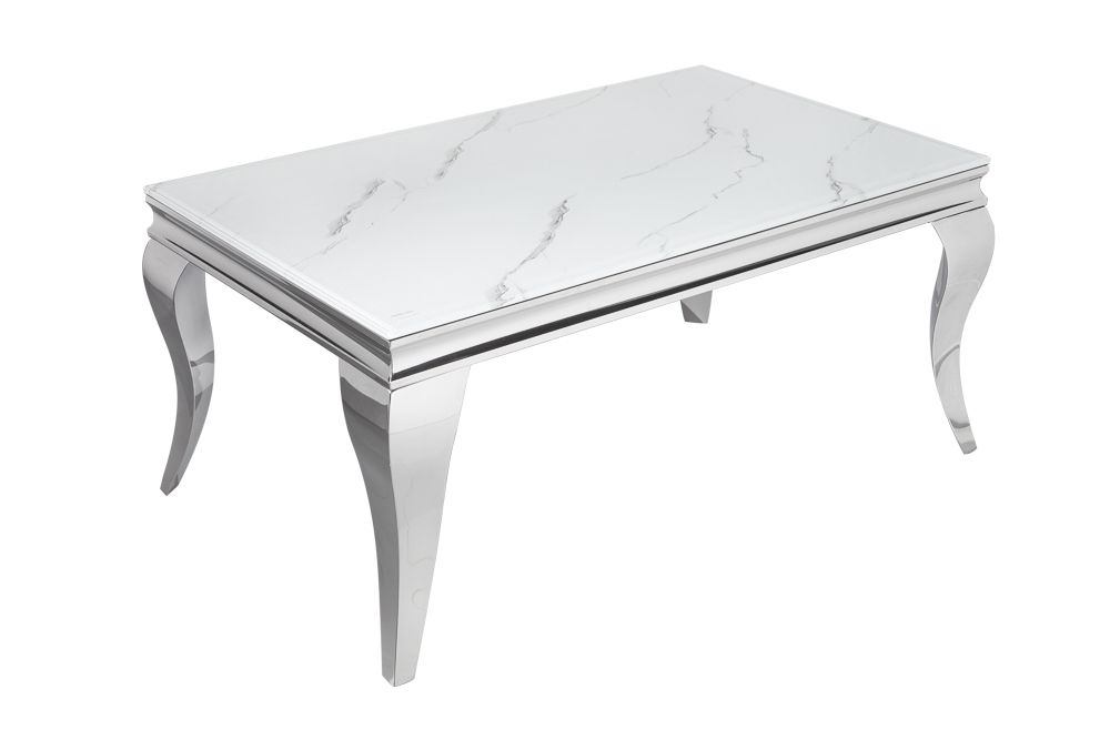 Eleganter Couchtisch MODERN BAROCK 100cm Glasplatte in Marmoroptik Edelstahlbeine