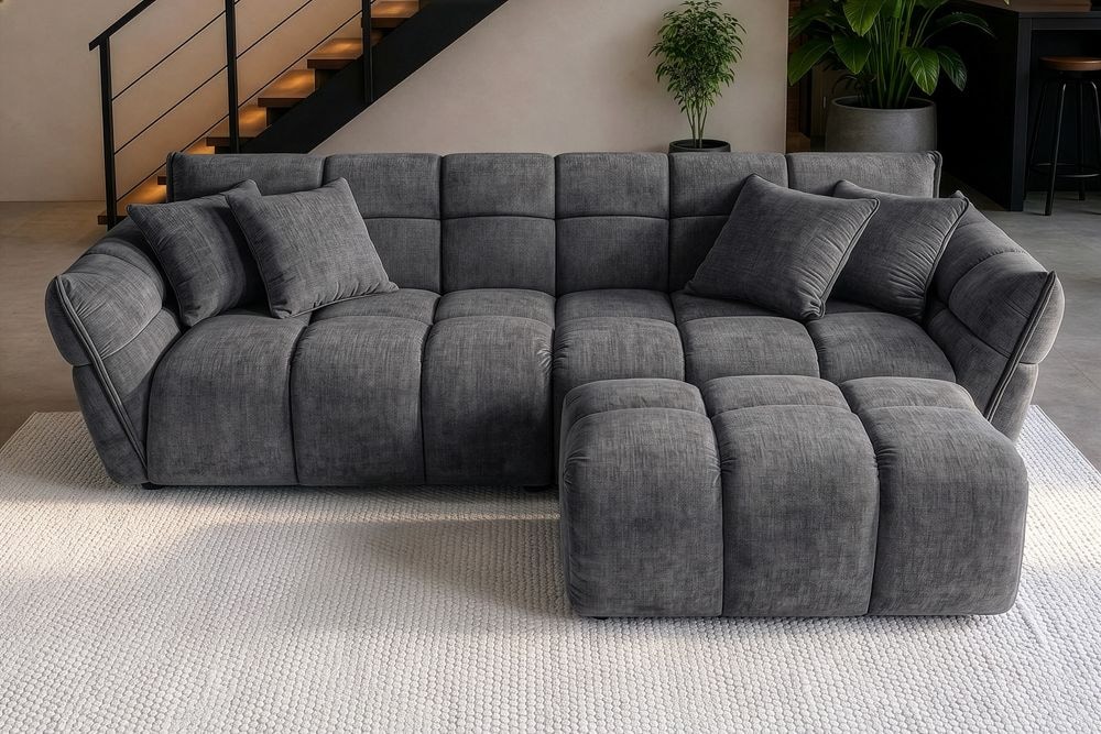 Moderner Hocker CLOUD 100cm grau Vogue Samtstoff Federkern Fußhocker Sitzhocker