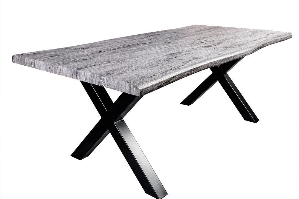 Industrial Esstisch WILD 200cm grau gekälkt Wildeiche-Design Baumkante schwarz X-Gestell