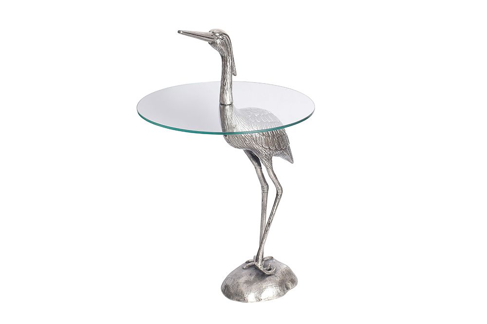 Runder Beistelltisch WILDLIFE HERON 90cm silber Metall Glas Fischreiher Skulptur handmade