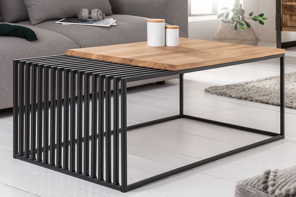 Massivholz Couchtisch ARCHITECTURE 100cm Eiche geölt schwarzes Metallgestell