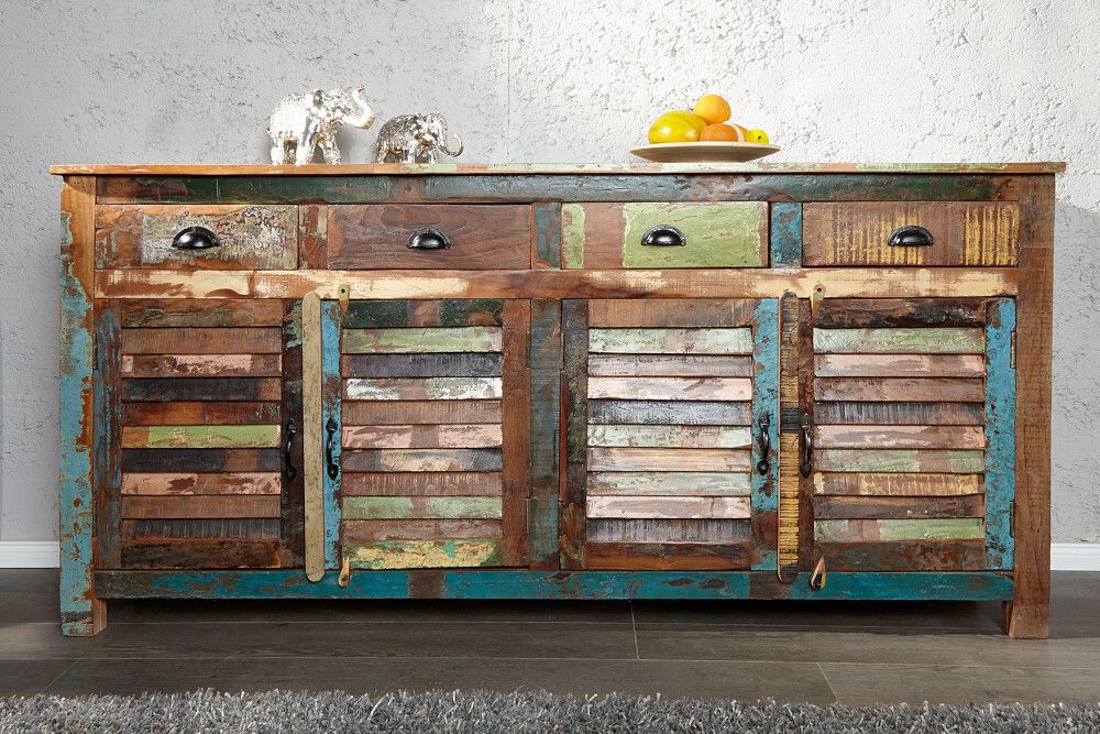 Einzigartiges Sideboard JAKARTA 160cm bunt recyceltes Massivholz aus Fischerbooten