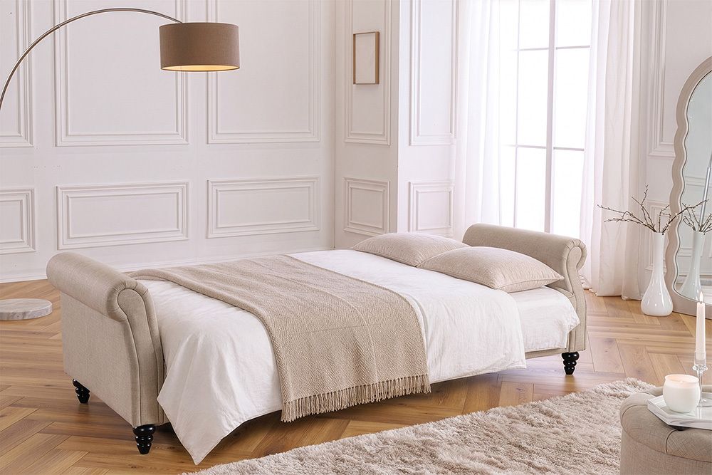 Schlafsofa MAISON BELLE AFFAIRE 220cm champagner beige Vogue Seiden Samtstoff 3-Sitzer