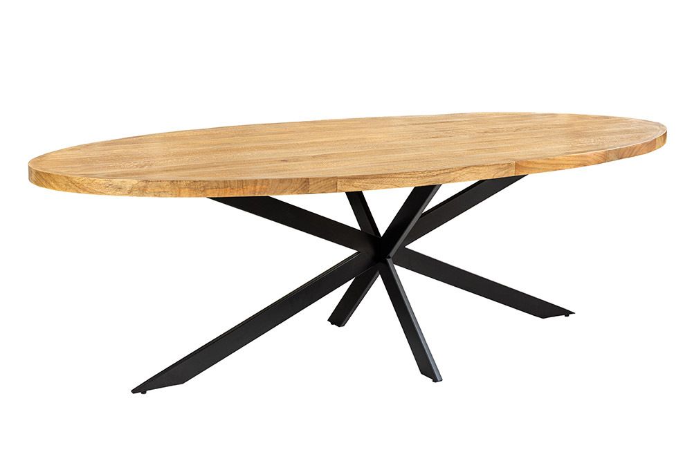 Massiver Esstisch GALAXIE 240cm braun Mangoholz oval schwarz Eisen Sterngestell