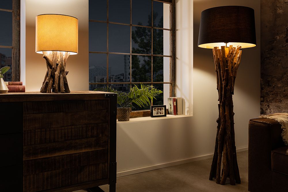 Massivholz Tischlampe HARMONY NATURE 50cm beige Teak mit Leinenschirm