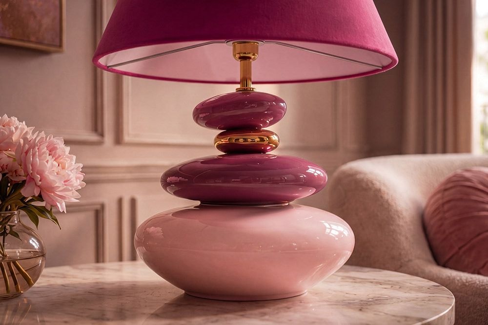 Dekorative Tischlampe STONES OF ECSTASY 60cm pink rosa gold mit Stoffschirm rund