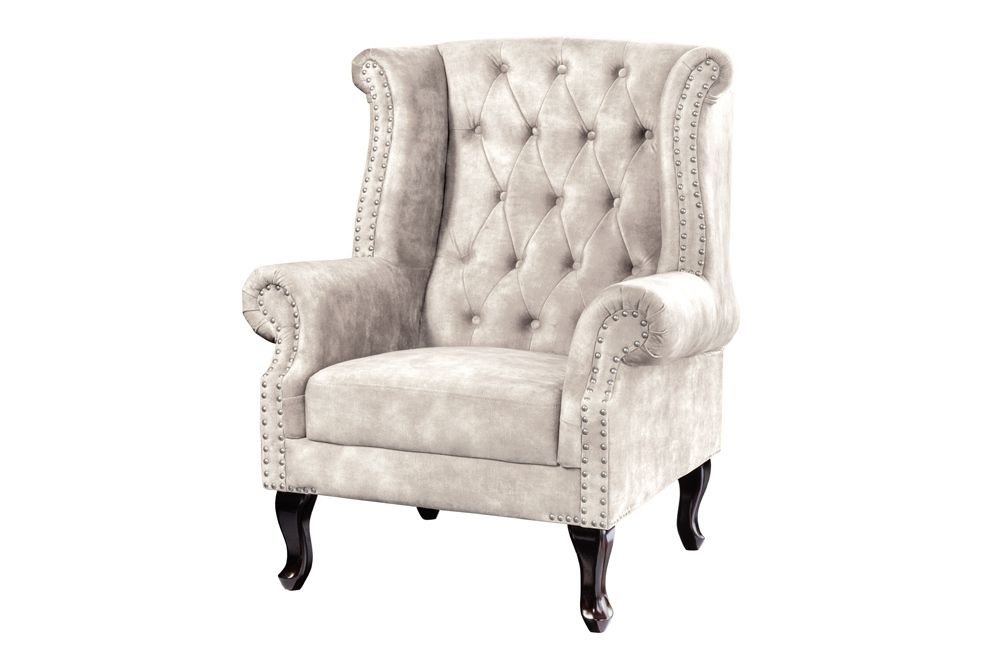 Design Ohrensessel CHESTERFIELD 105cm champagner beige Samt silber Ziernieten