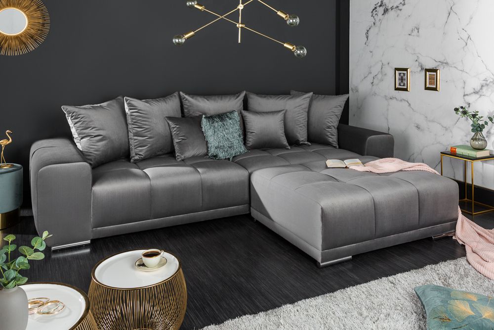 Big Sofa ELEGANCIA 285cm silbergrau Samt XXL Couch inkl. Kissen Federkern
