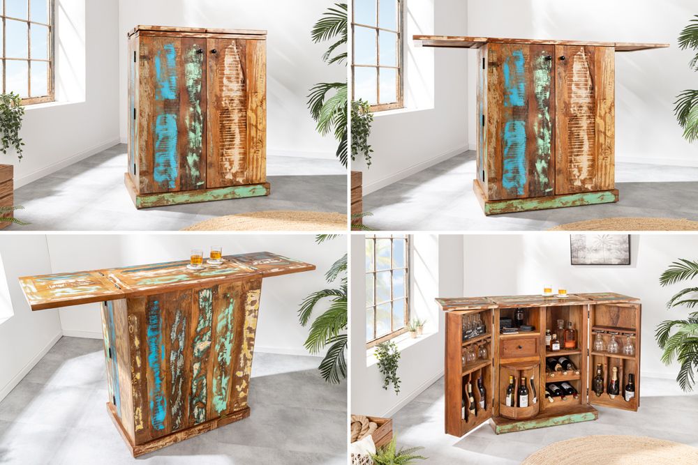 Einzigartiger Barschrank JAKARTA 100cm natur bunt recyceltes Massivholz aus Fischerbooten
