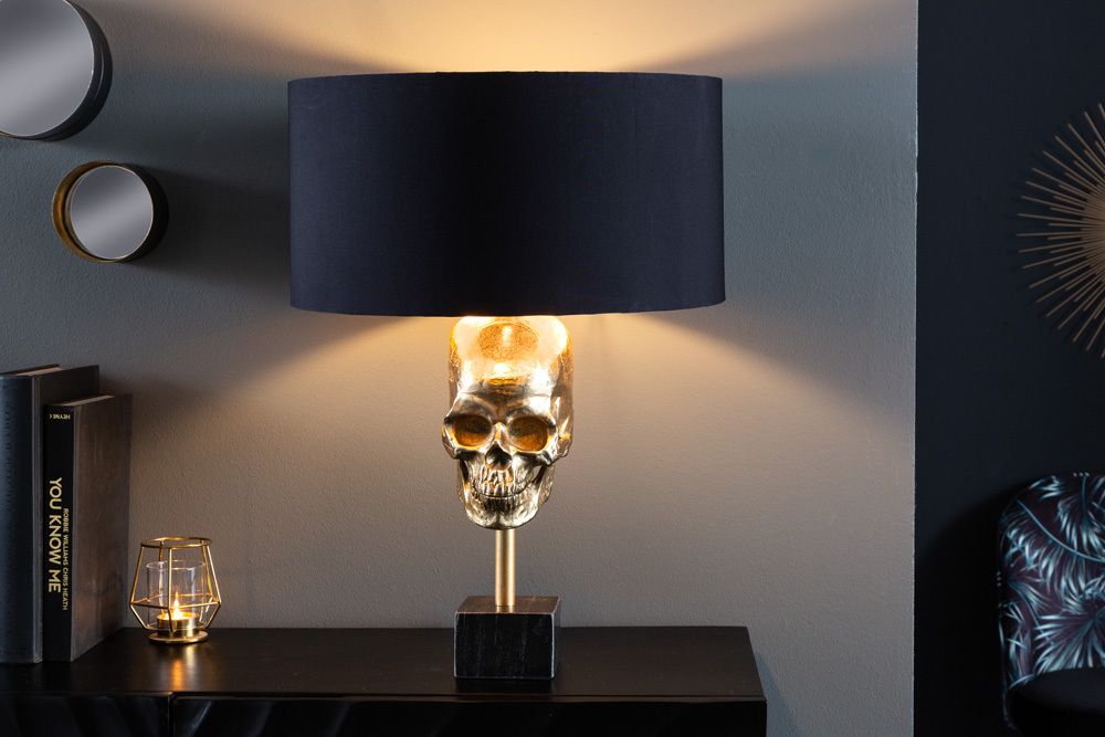 Extravagante Tischlampe SKULL 56cm schwarz gold Metall Totenkopf Skulptur Leuchte