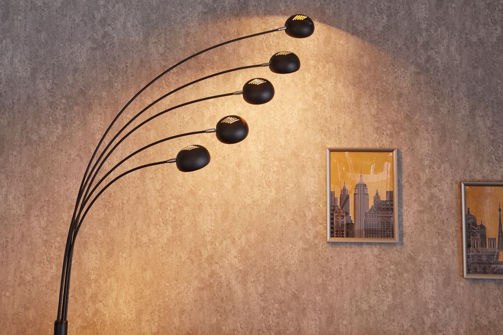 Design Bogenlampe FIVE LIGHTS 210cm schwarz gold Stehlampe mit Marmorfuß