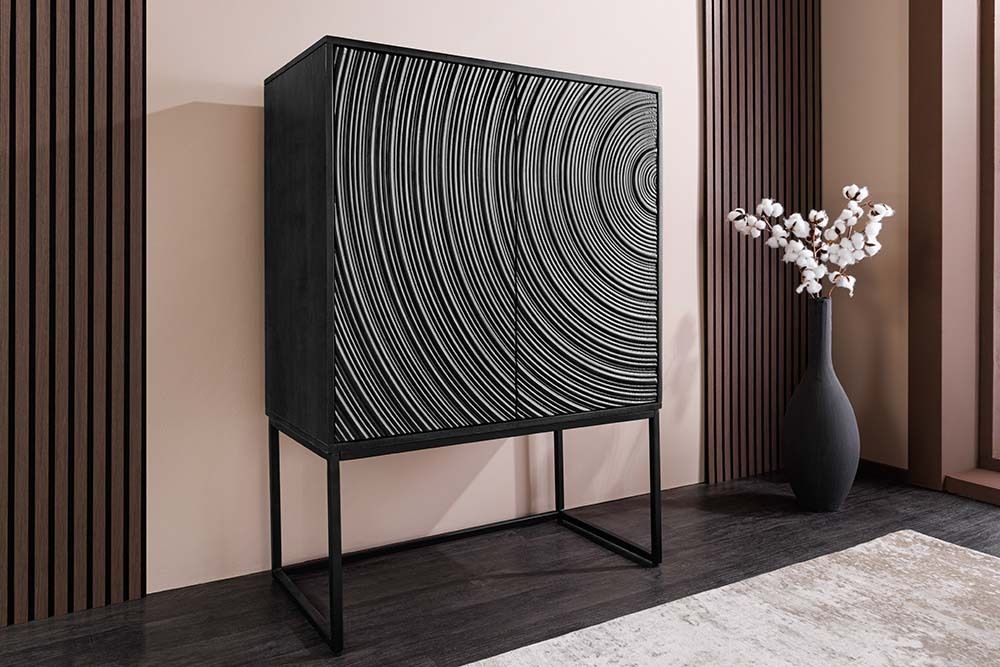 Design Highboard ORBIT 120cm schwarz Mangoholz mit 3D-Front Metall